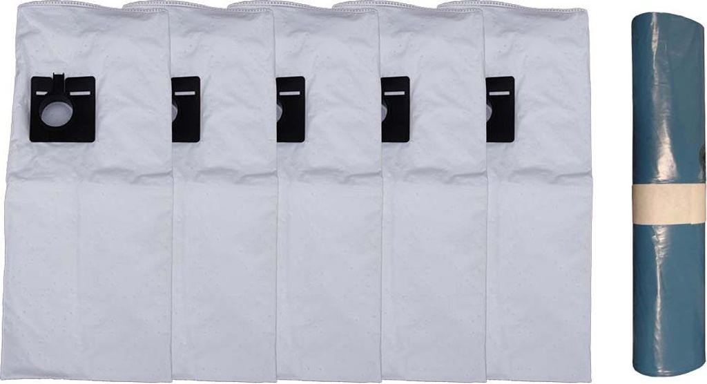 A set of five white vacuum cleaner bags and one rolled-up blue bag are laid out on a white background.