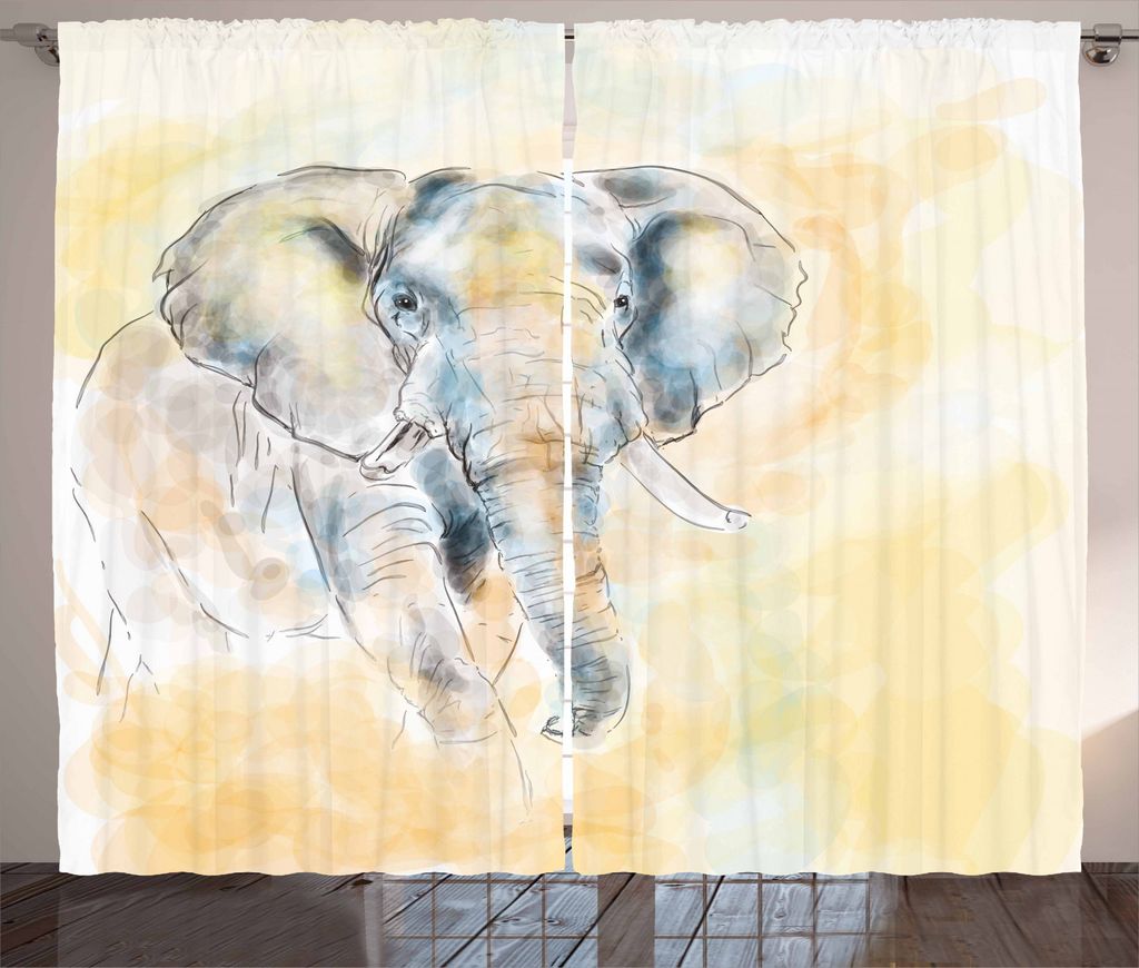 ABAKUHAUS Elefant Rustikaler Vorhang, Exotische Wildlife Safari, Wohnzimmer Universalband Gardinen mit Schlaufen und Haken, 280 x 245 cm, Creme Grau