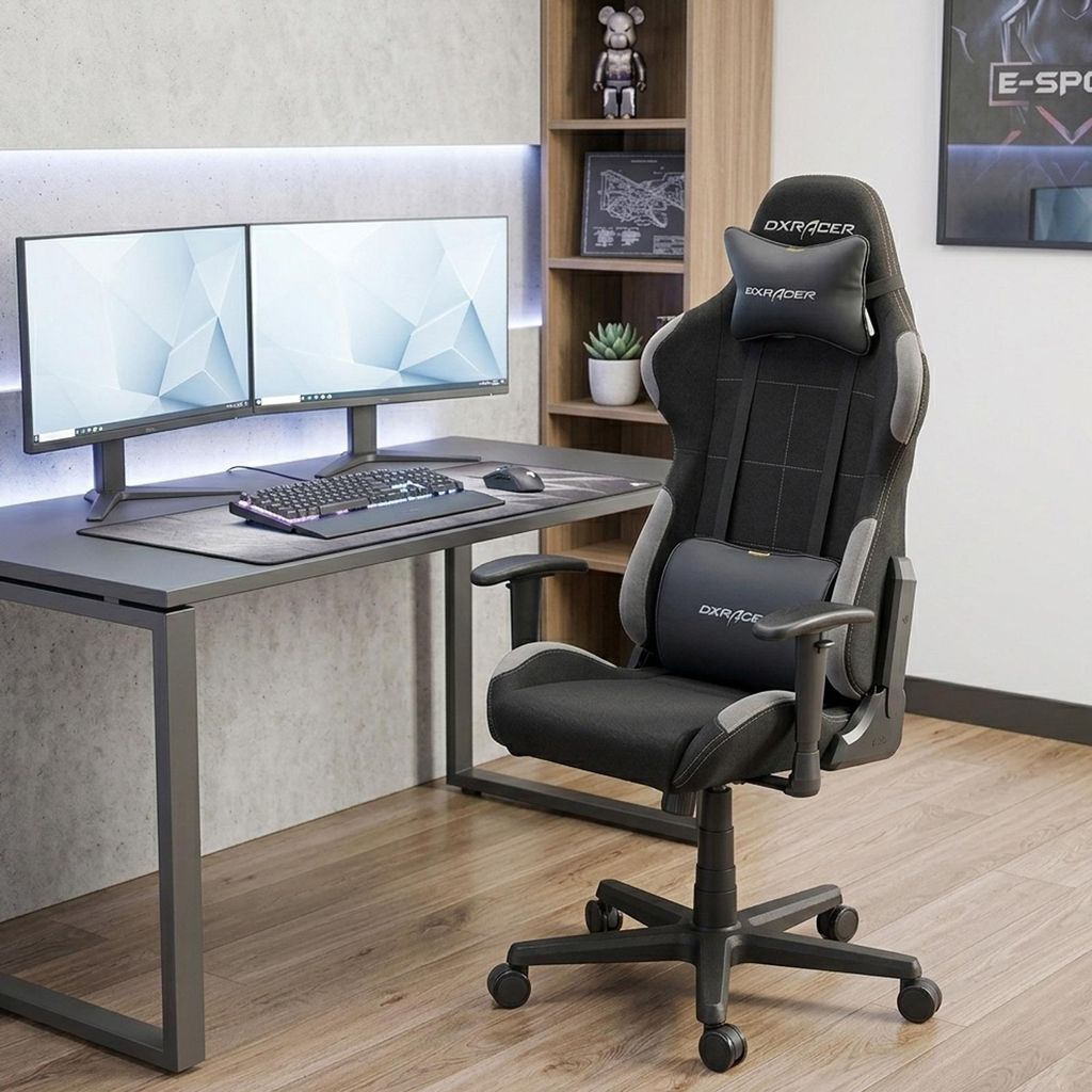 DX Racer L 5.2 Formula Gaming-Stuhl LFD01 NG, Schwarz/Grau, inkl. Coolingpad & Kopfstütze