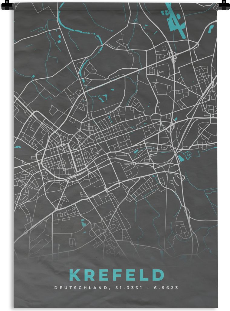 MuchoWow Wandteppich Wandbehang Stadtplan - Deutschland - Blau - Krefeld - Karte 60x90 cm Tapisserie Dekoration Wandtuch - Foto-Teppich - Abwaschbar