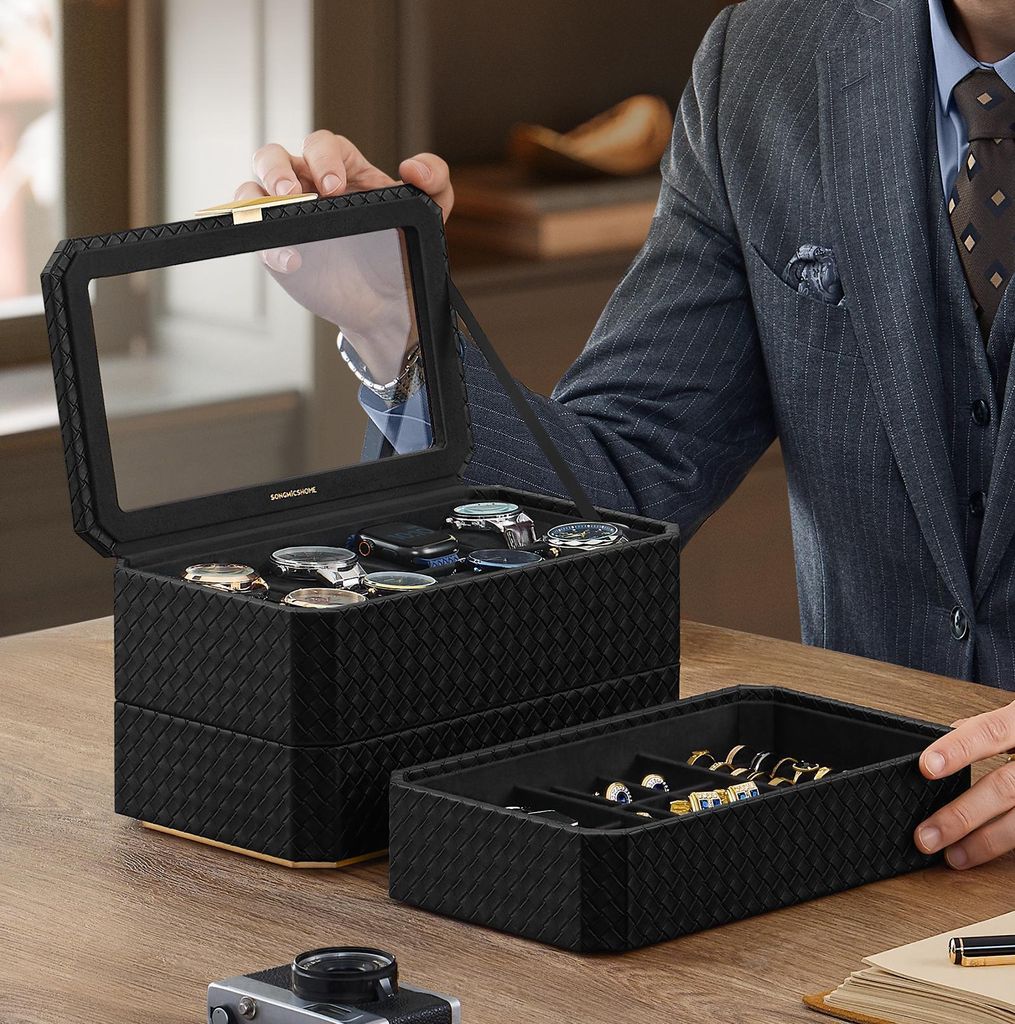 SONGMICS HOME Uhrenbox 3 Ebenen, 8 Fächer für Uhren, stapelbar, Polyurethanim Flechtlook