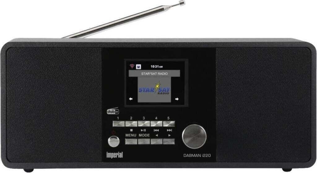 A black Imperial DABMAN i220 radio is shown from the front.
