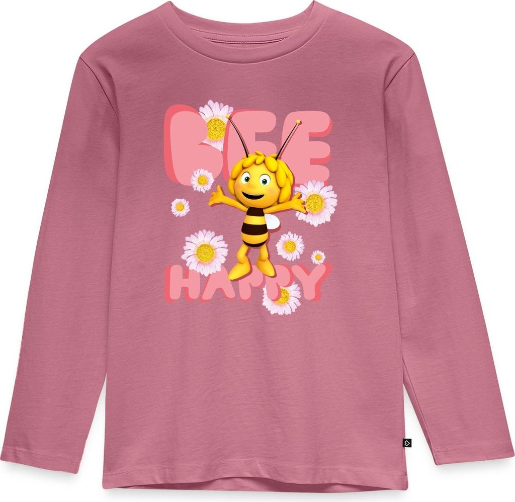 Spreadshirt Biene Maja Bee Happy Spruch Kinder Premium Langarmshirt, 134/140 (8 Jahre), Mauve