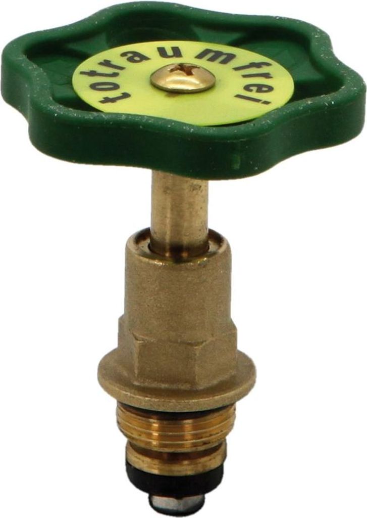 A close-up studio shot of a brass valve component with a green handle.