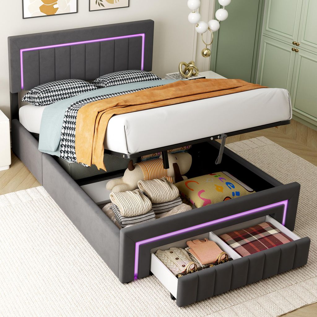 okwish Lit rembourré 140×200 avec LED et coffre de Image du produit 