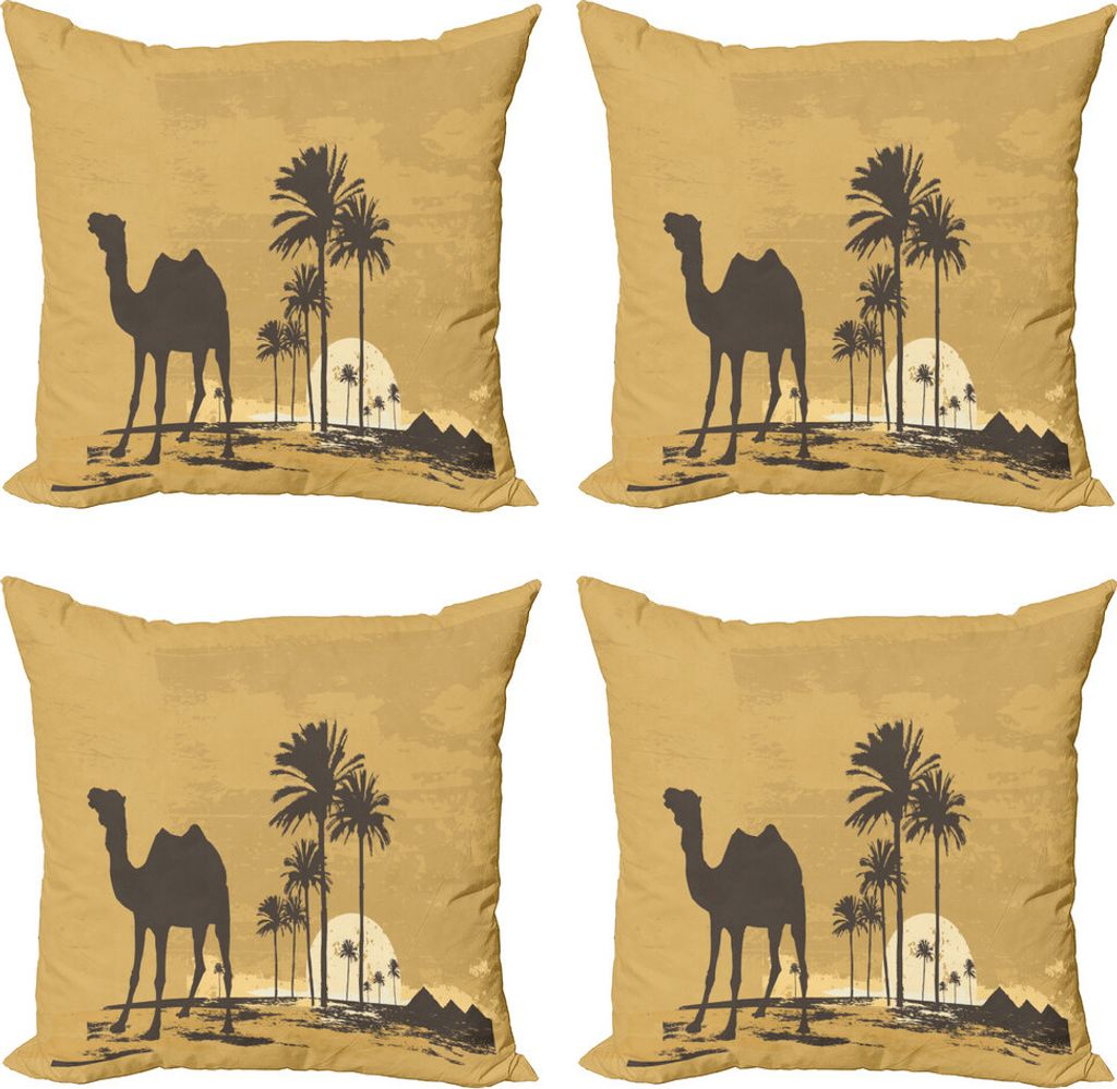 ABAKUHAUS Düne Kissenbezug Set (4 Stück), Camel und Palmen Sonnenuntergang, Moderner Doppelseitiger Digitaldruck, 45 cm x 45 cm, Sand Braun Dunke...