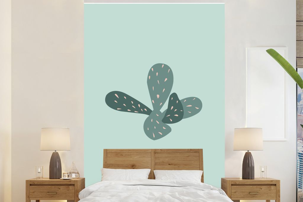 MuchoWow Fototapete für Wohnzimmer oder Schlafzimmer Wandtapete Vinyl Motivtapete Sommer - Kaktus - Blau - 145x220 cm - Wanddekoration
