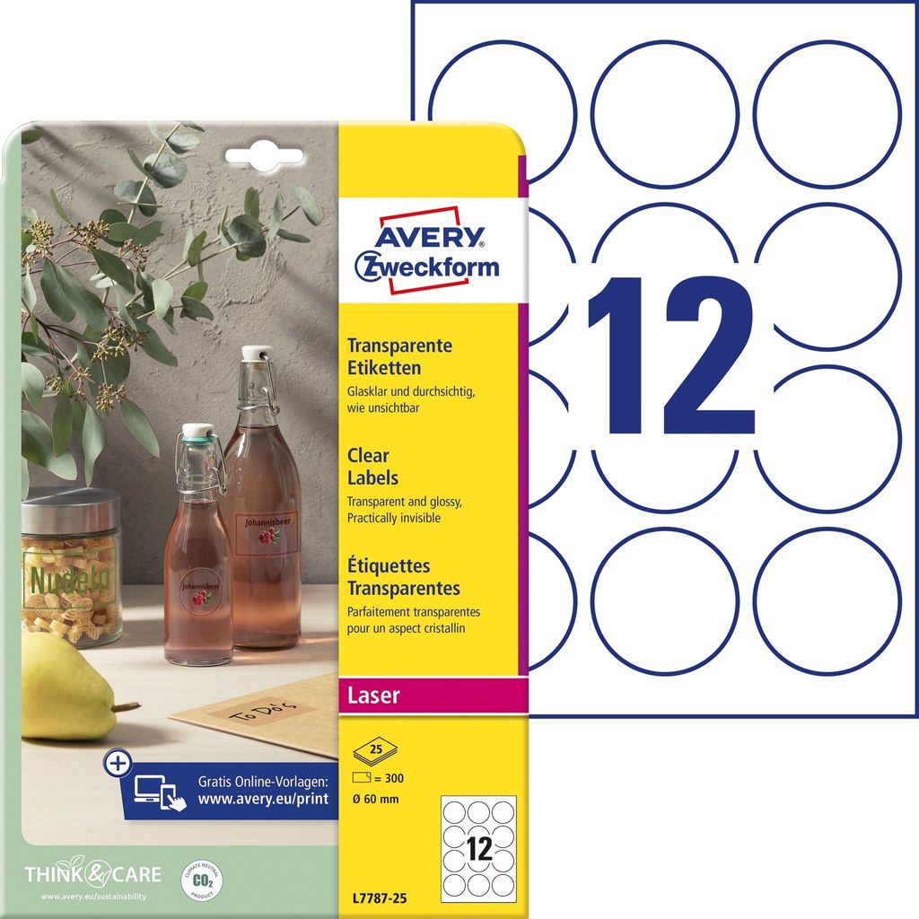 AVERY Zweckform Transparente Etiketten 60 mm rund 300 Etiketten auf 25 Blatt