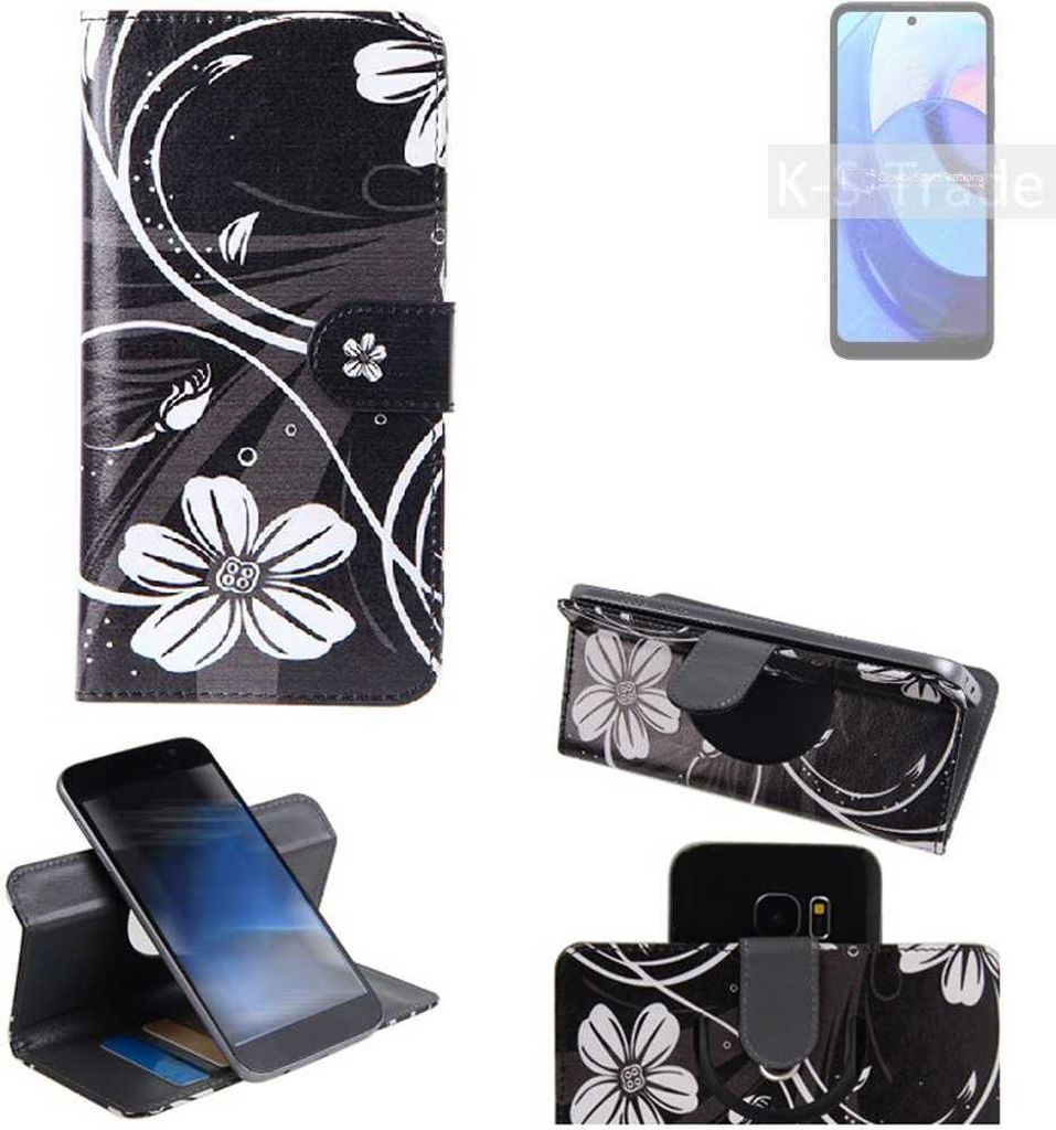K-S-Trade Schutzhülle Handyhülle kompatibel mit Motorola Moto E30 Hülle 360° Wallet Case ''Flowers'' Klapphülle Hülle schwarz-weiß 1x