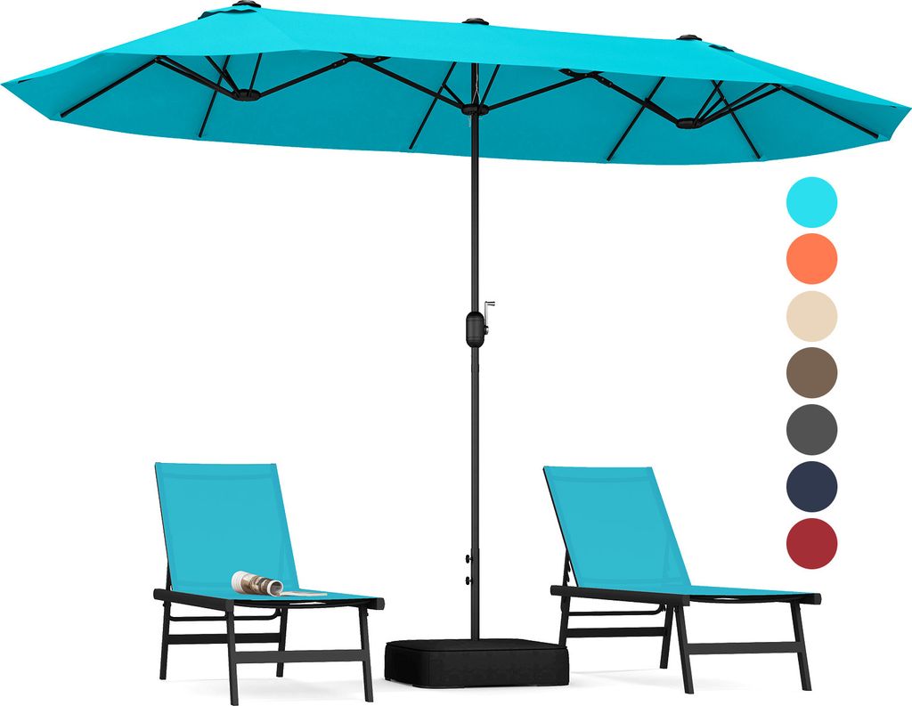 A turquoise double patio umbrella with two matching lounge chairs and a black base, set against a white background.