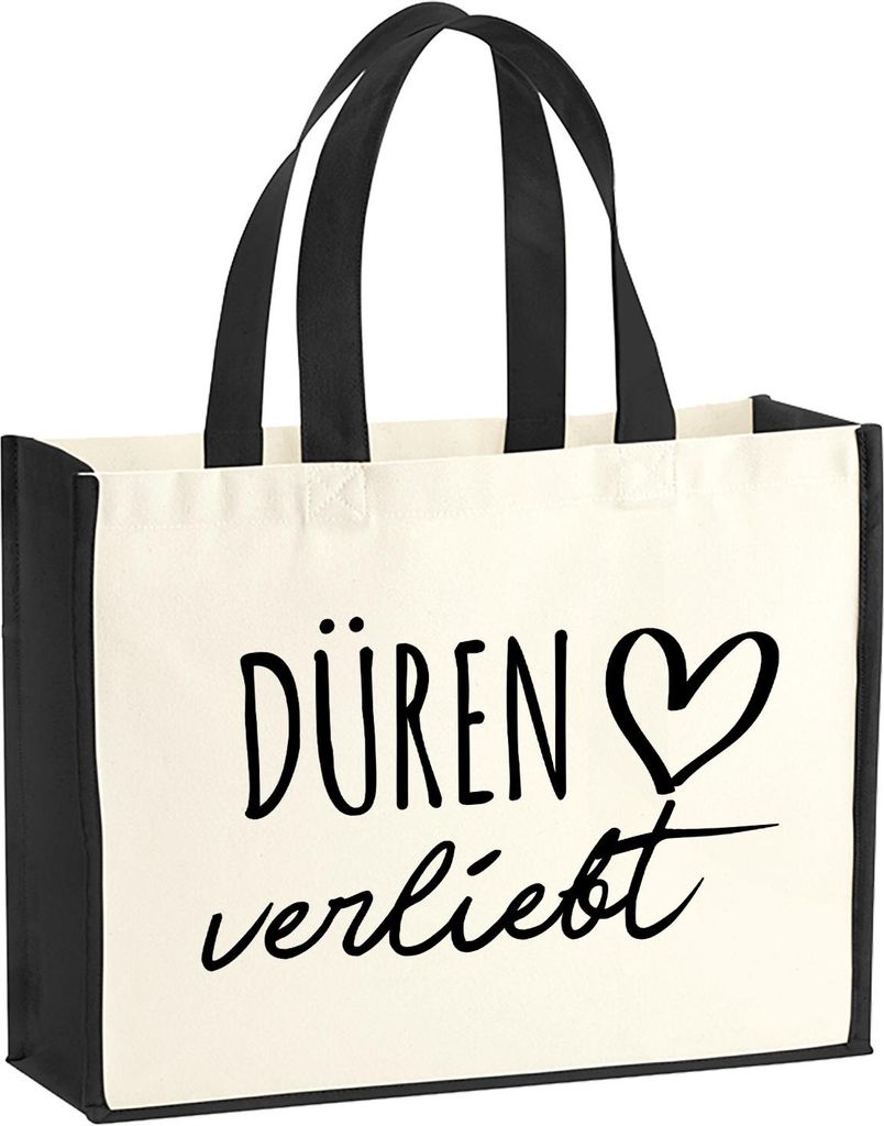 Huuraa Jutetasche Düren verliebt 21 Liter Black Jute und Baumwolle Einkaufstasche Geschenkidee
