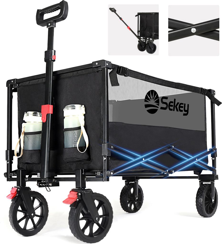 A black and gray Sekey folding off-road wagon with two water bottles in side pockets, shown on a white background.