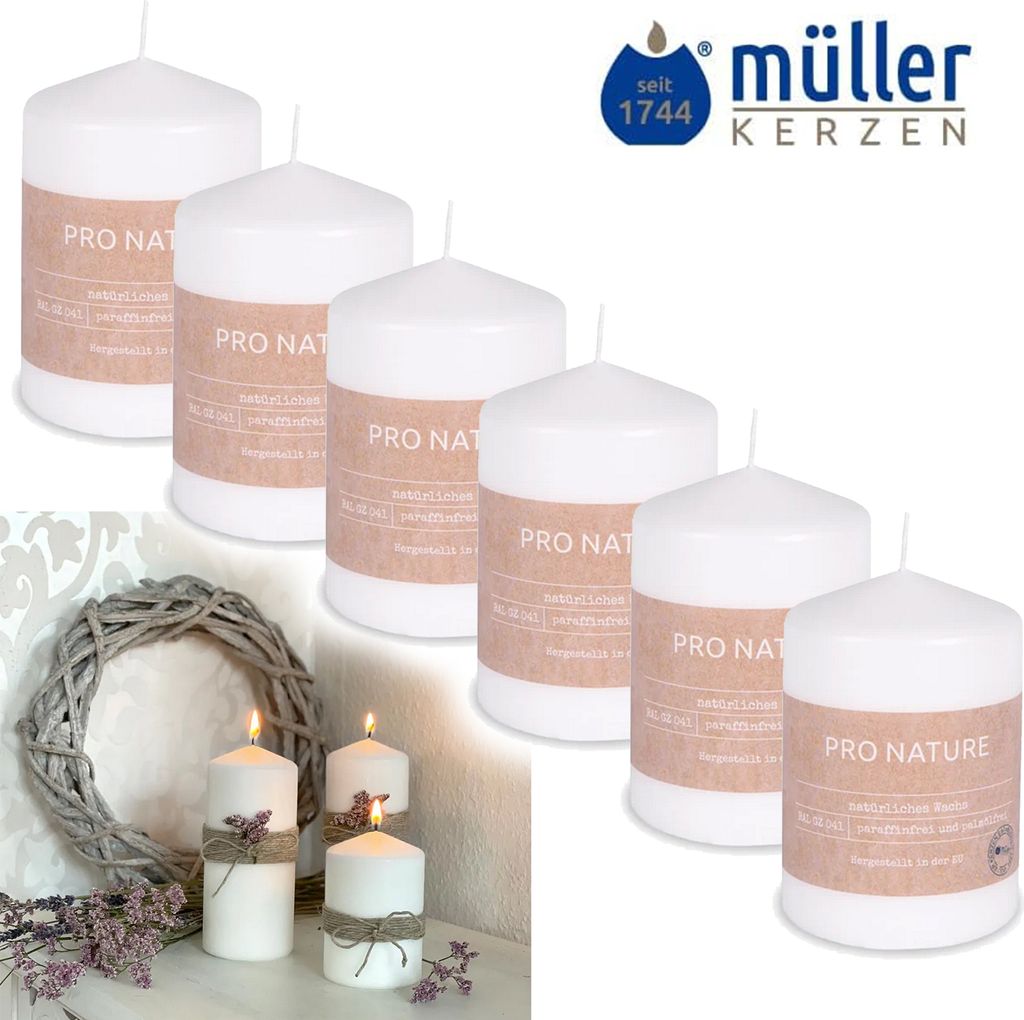 6er Set Stumpenkerze "Pro Nature" 100% Stearin, Ø 6,8 x H 10 cm, weiss