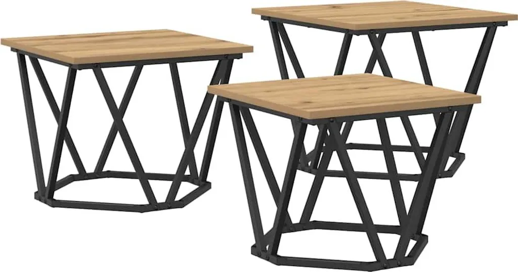 Set 3 Tavolini Incastro Salotto Rovere Artisan Acciaio Salvaspazio