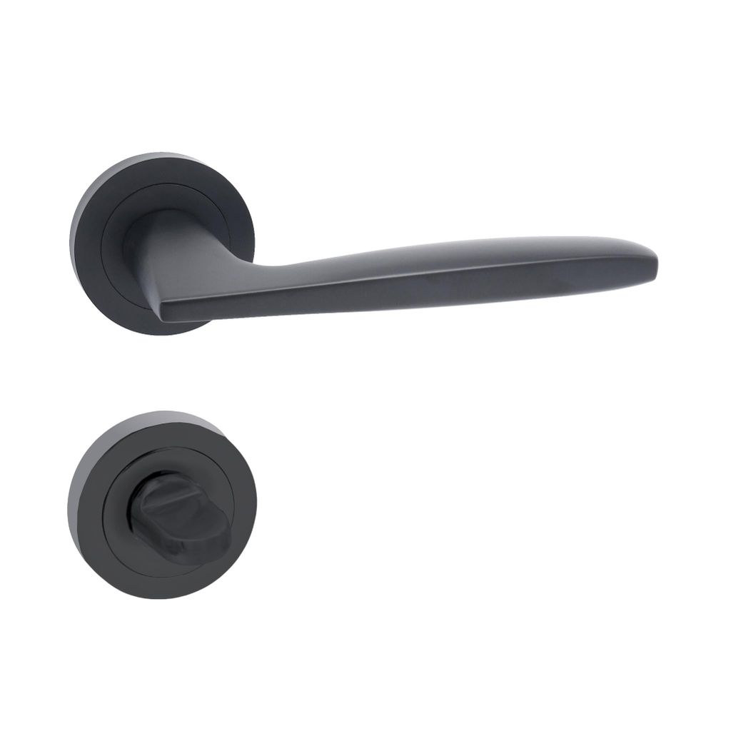 Domino Türgriff Drückergarnitur MIA-R WC - Badezimmer Set Rund-Rosette Türbeschlag für Badezimmertüren Set WC Rosetten-Garnitur Aluminium Schwarz