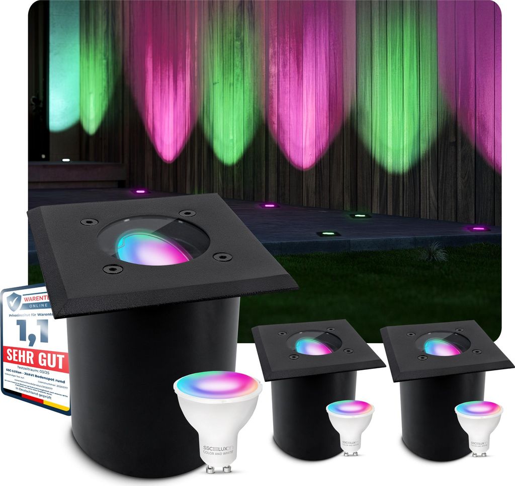 SSC-LUXon 3 Stück JUAVI Bodenleuchte Einbau aussen schwarz kompatibel mit Smart Speaker - Außenleuchte Garten mit Smart Home GU10 LED