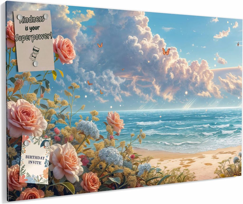 Magnettafel 90x60cm magnetisch & beschreibbar Metall-Board - Strandzeit mit Rosen