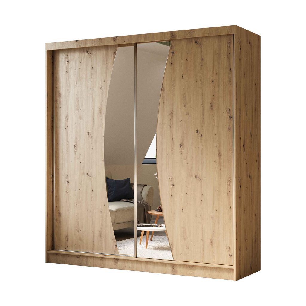 Schwebetürenschrank VOX II 200 cm – Kleiderschrank mit Schubladen, Spiegel & Schiebetüren (Eiche Artisan)