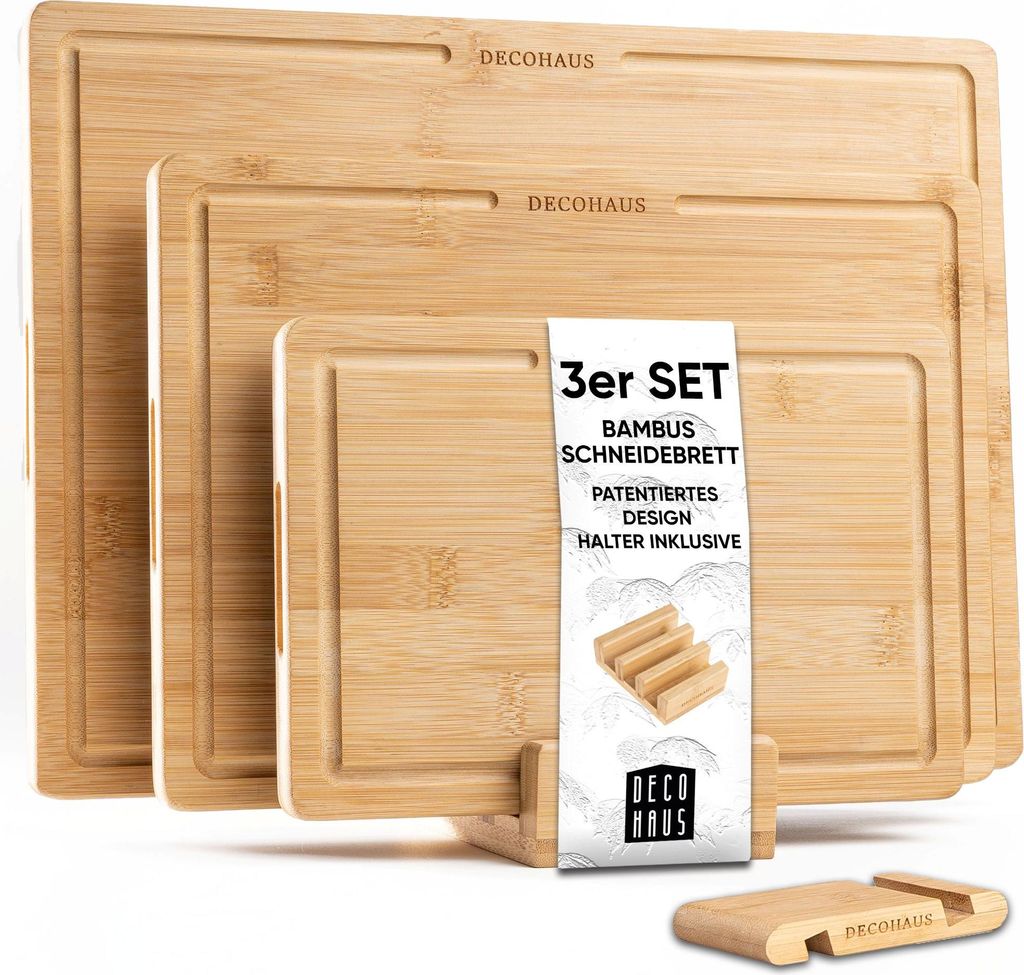 3er Set Schneidebrett aus robustem Bamboo Holz, 2cm dicke 40x30, 33x24, 26x18cm Schneidebretter mit Saftrille - Deco Haus