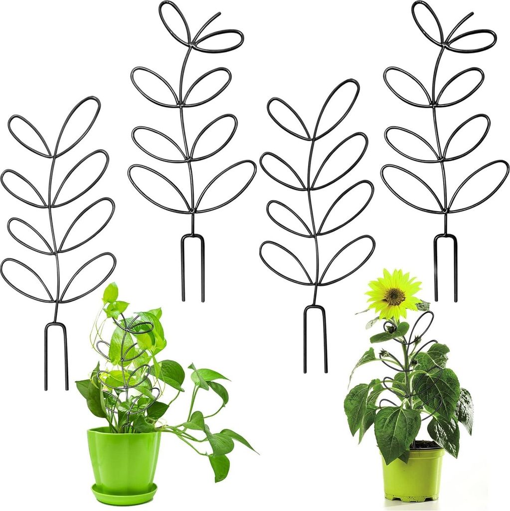 4 Stück kleine Metall-Rankgitter für Topfpflanzen, Rankgitter für Zimmerpflanzen zum Klettern, Mini-Pflanzenrankgitter in Blattform, Stützpfahl
