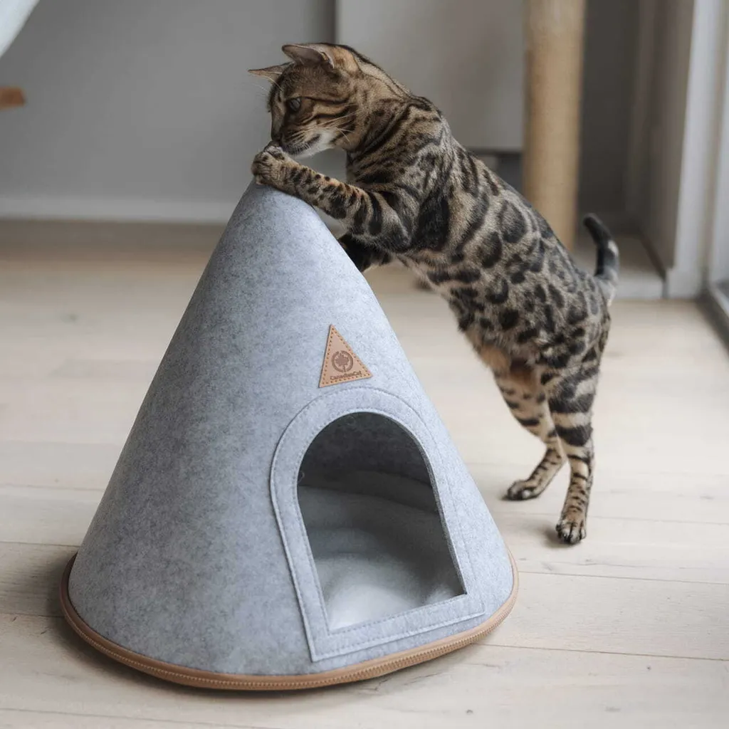 Cuccia Grotta Gatto Tipi Feltro | Grigio Chiaro Lavabile con Cuscino - 1