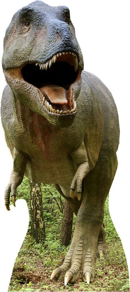 A dinosaur cutout standing in a forest.