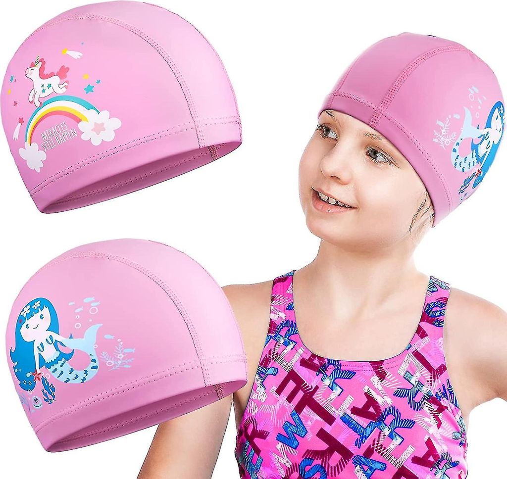 Zweiteilige Kinderbadekappe, Cartoon-Badekappe, wasserdichte Badekappe mit Ohrenschutz, geeignet für Jungen und Mädchen von 4-12 Jahren, Einhörner