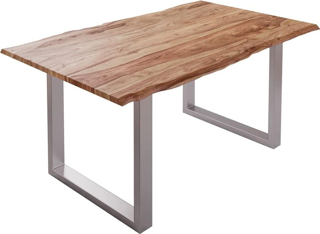 Baumkantentisch 140x80cm Mailand, Sheesham-Holz naturbelassen, Esstisch mit echter Baumkante, massiver Esszimmertisch mit U-Gestell Silber, Tischpl...