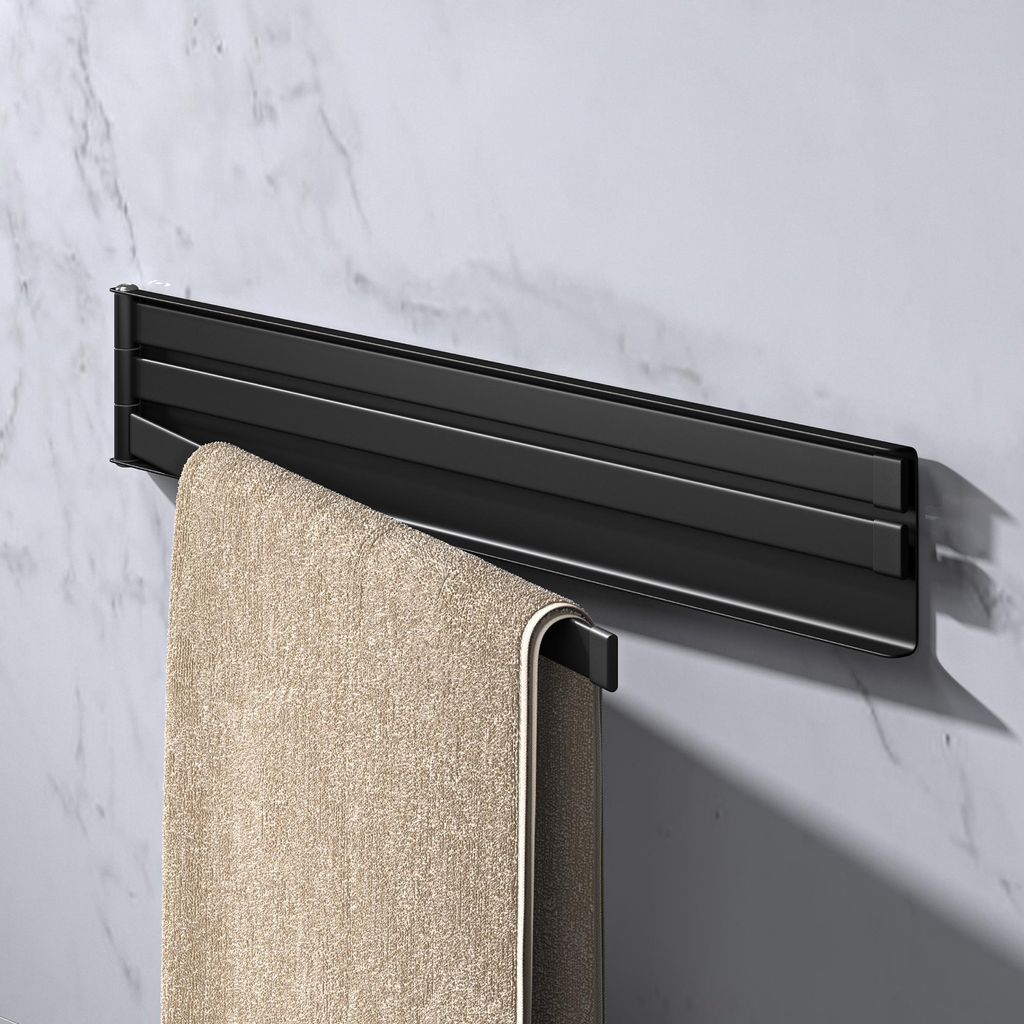 doporro Handtuchhalter ohne Bohren mit Magnet, 180° schwenkbar, 24cm selbstklebende Handtuchstange mit 3 Armen, Wandhalterung Matt Schwarz Folda-02