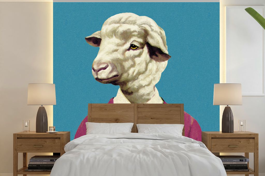 MuchoWow Fototapete für Wohnzimmer oder Schlafzimmer Wandtapete Vinyl Motivtapete Absurder Mann mit Schafskopf - 350x350 cm - Schlafzimmertapete