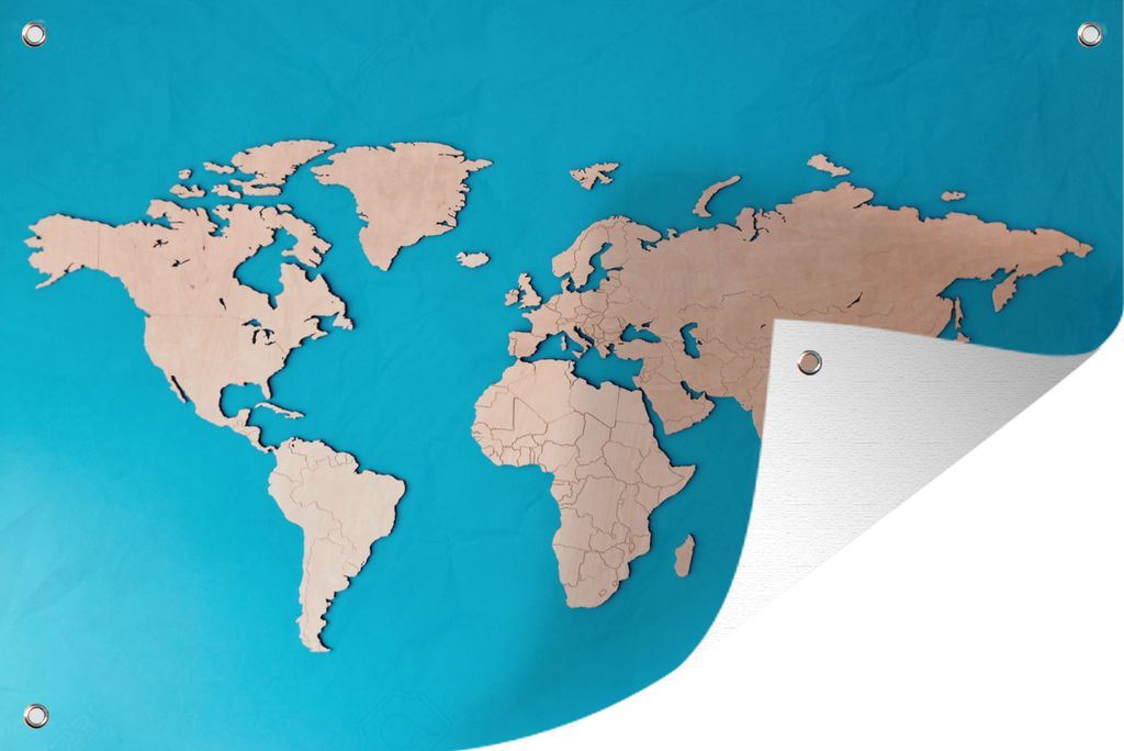 MuchoWow 60x40 cm Outdoor-Poster Gartendeko Sichtschutz Garten Poster für den Garten Weltkarte - Holzfarbe - Blau