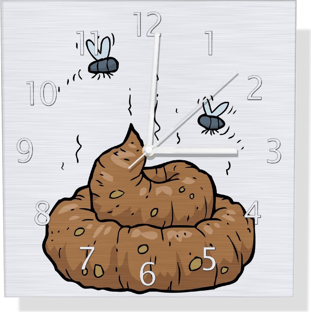 Wallario Design Wanduhr Comic Scheißhaufen mit Fliegen aus Aluverbund, Größe 30 x 30 cm