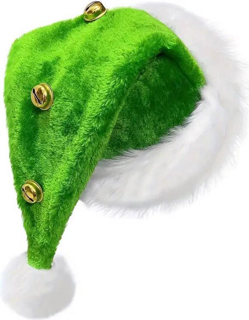 Unisex-Weihnachtsmannmütze aus Samt mit Glöckchen, grün/rot, flauschige Weihnachtsmütze mit Bommel für Feiertage und Silvesterpartys