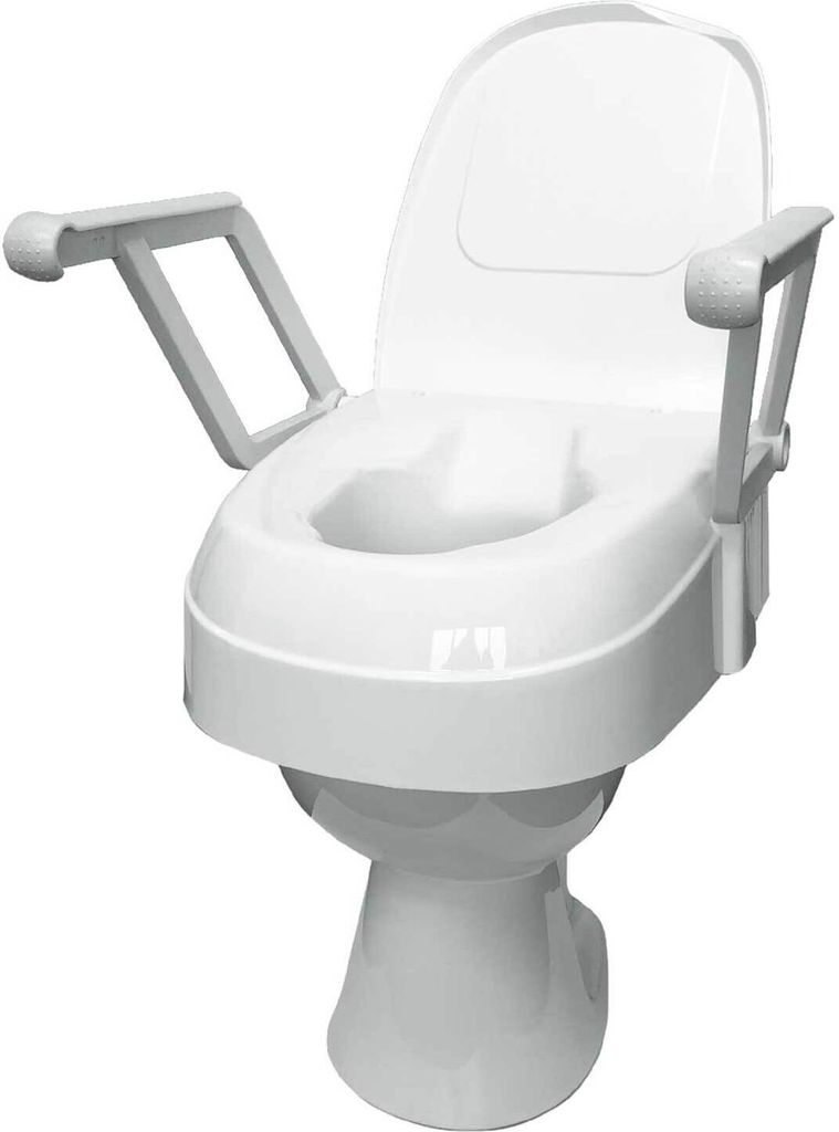 A white toilet seat riser with armrests is shown against a white background.