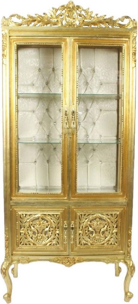 Casa Padrino Barock Vitrine Gold / Cremefarben 100 x 40 x H. 170 cm - Prunkvoller Barock Vitrinenschrank mit 2 Glastüren wunderschönen Verzierung...