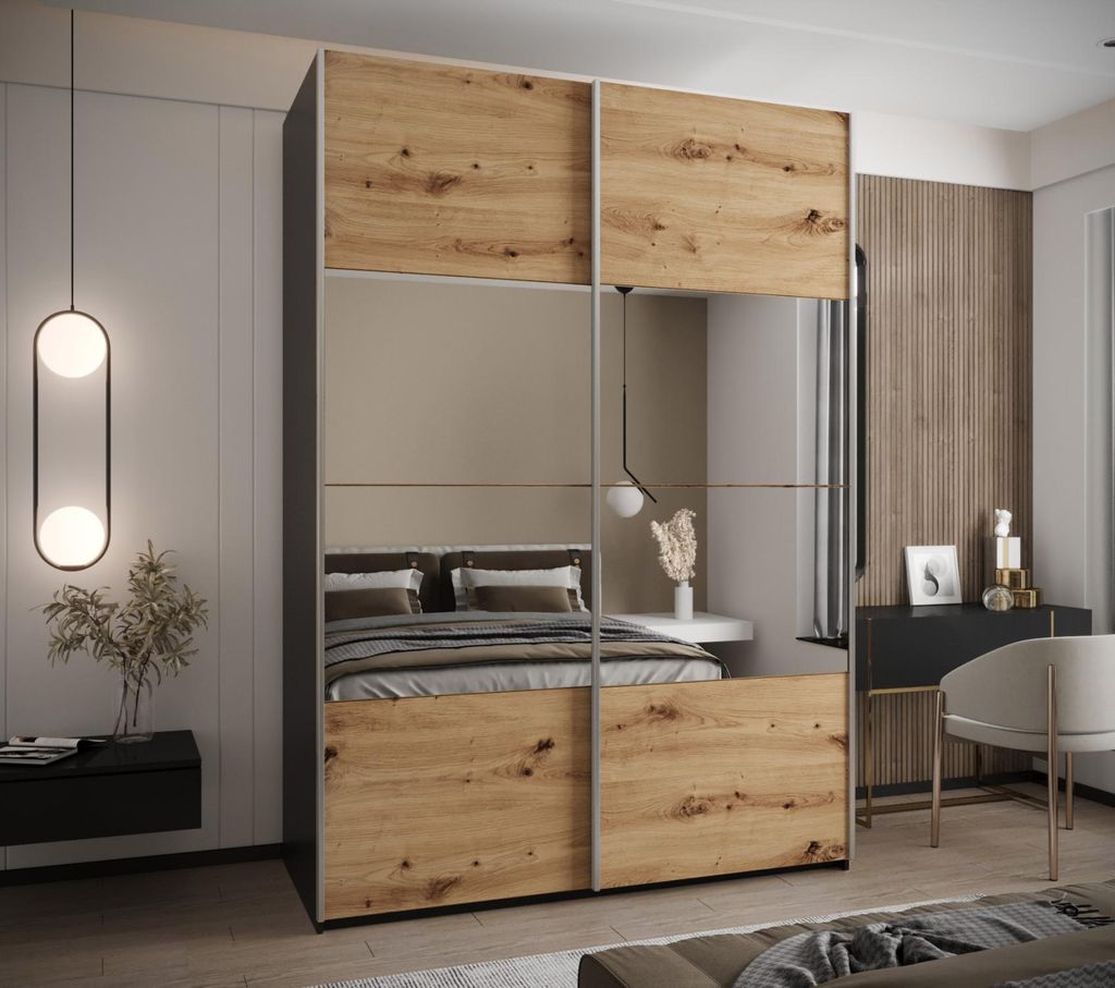 Zweitüriger Kleiderschrank SAMARA 4 – 180 cm, Schwarz/Eiche handwerklich/Silber