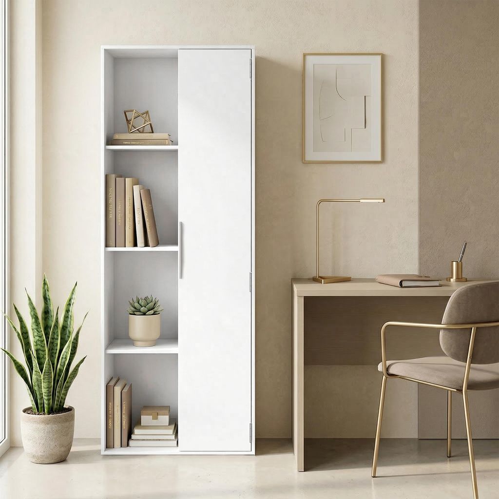 Bücherregal mit Schrank und Türen, Standregal mit verstellbaren Böden, Holzregal, Weiß | 60 x 35 x 160 cm | 4 Ebenen | Spanplatte MDF