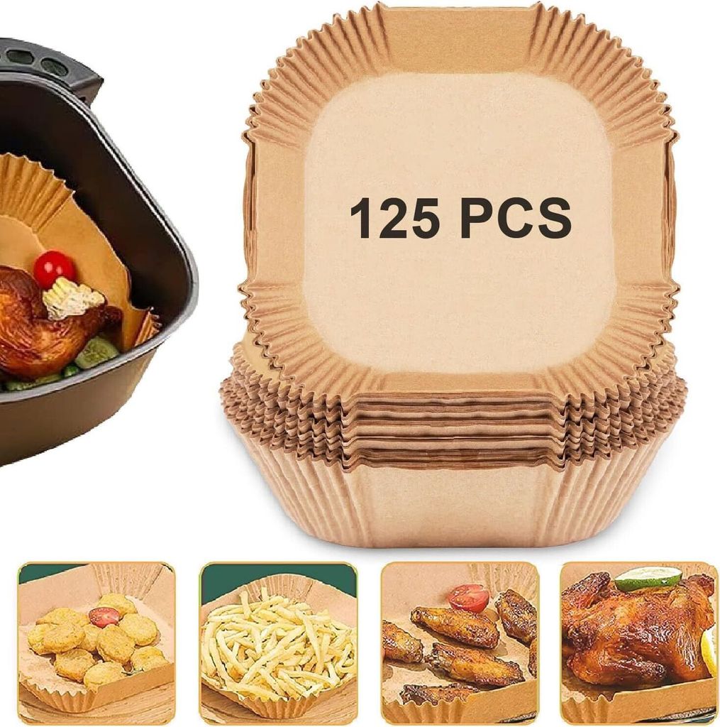 125 Stück Quadrat Backpapier für Heißluftfritteuse – 20-24cm, Antihaft & Wasserdicht