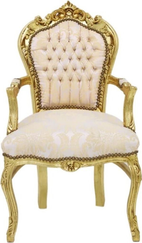 Barockstuhl Barock Stuhl Armlehne Creme Gold Stoff Esszimmer Wohnzimmer Büro Flur Schminkstuhl Klassisch Premium Luxus Modern Retro Royal Antik