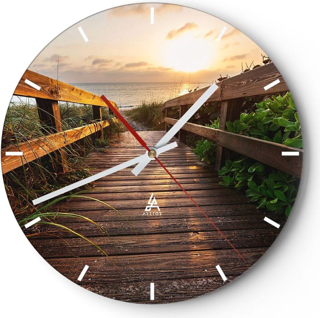 Wanduhr - Rund - Glasuhr - Fußgängerbrücke Meer Strand Ufer - 30x30cm - Schleichendes Uhrwerk - Lautlos - zum Aufhängen bereit - Dekoration Mod...