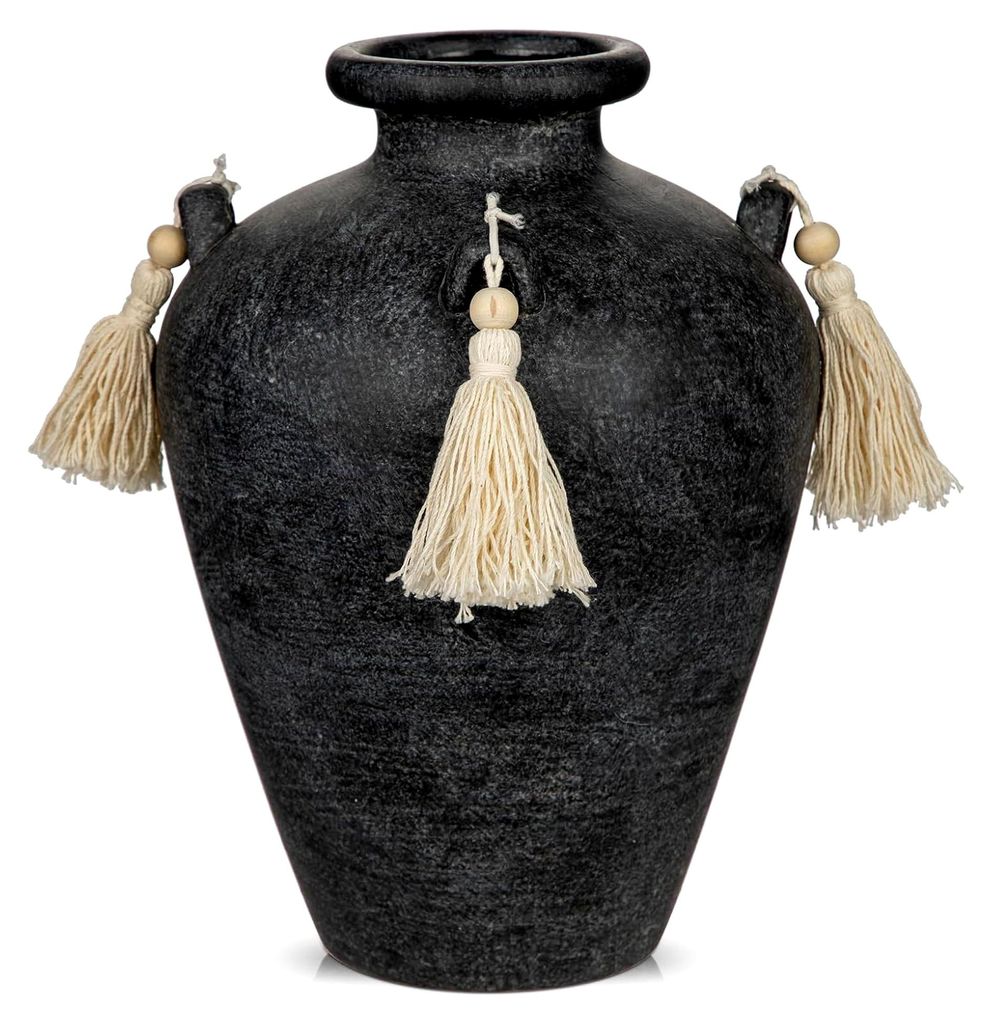 Keramische Vase 24 cm Vintage Schwarz Rustikal Blumenvase Dekovase für Blumenstrauß Hortensie Eukalyptus Äste Landhaus Boho Deko im Wohnzimmer S...