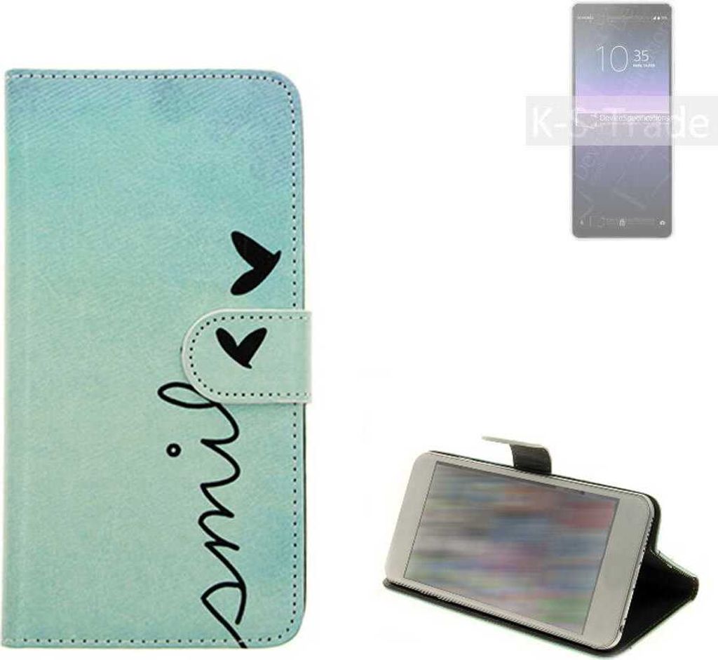 K-S-Trade Schutz Hülle Handy Hülle kompatibel mit Sony Xperia 10 II Hülle Handyhülle cover bookstyle Etui Handyhülle ''smile'' türkis