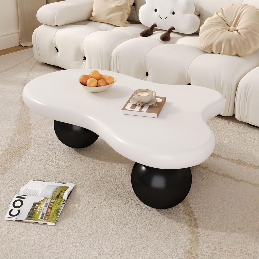 MODFU Couchtisch mit 16 Farben wählbar-LEDCloud-Kaffeetisch,Beistelltisch mit Schwarzer rundbein-Design,Wolkenform-Design,Weiß und Schwarz