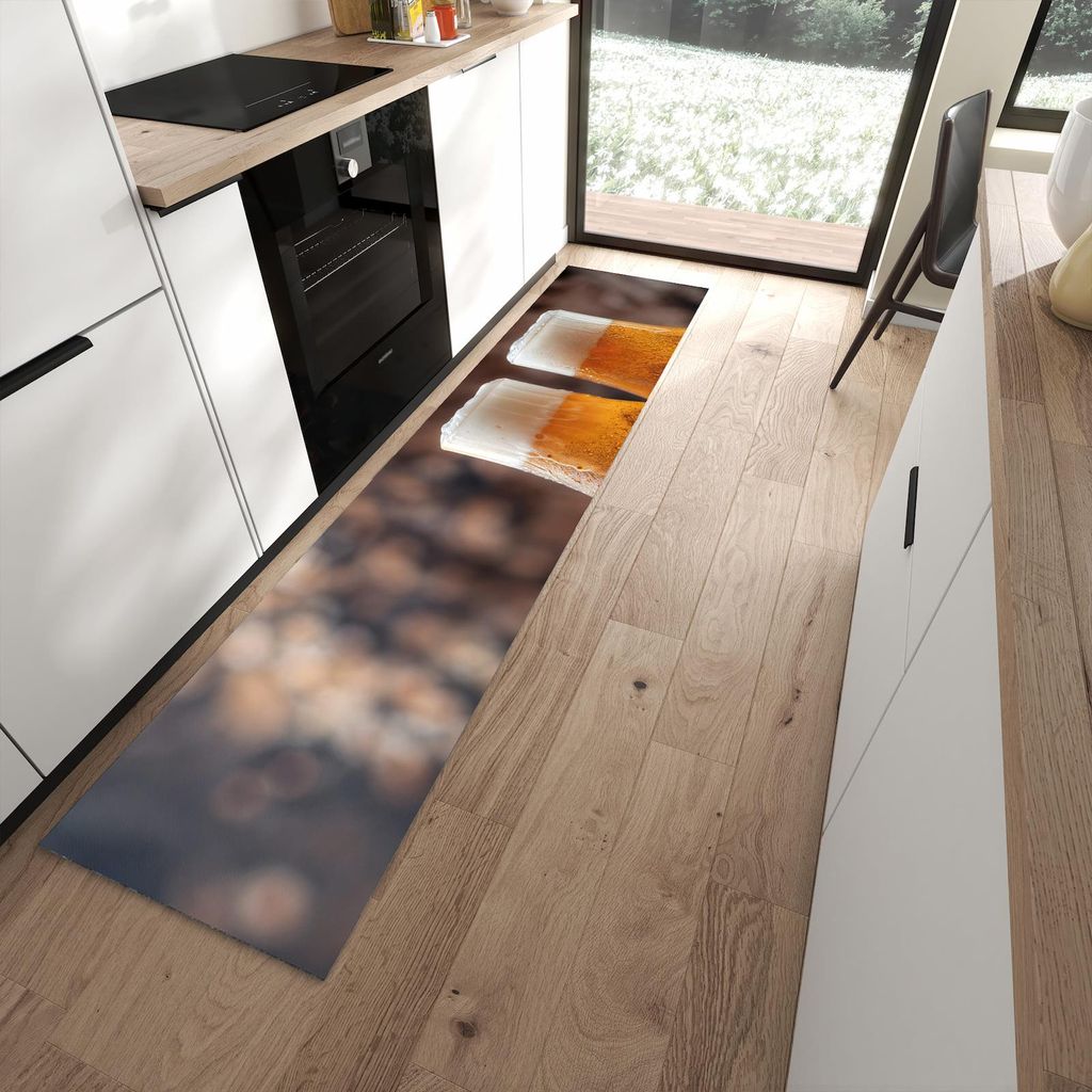 Küchenteppich 60x270cm rutschfest & abwischbar PVC Läufer - Bier auf Holz