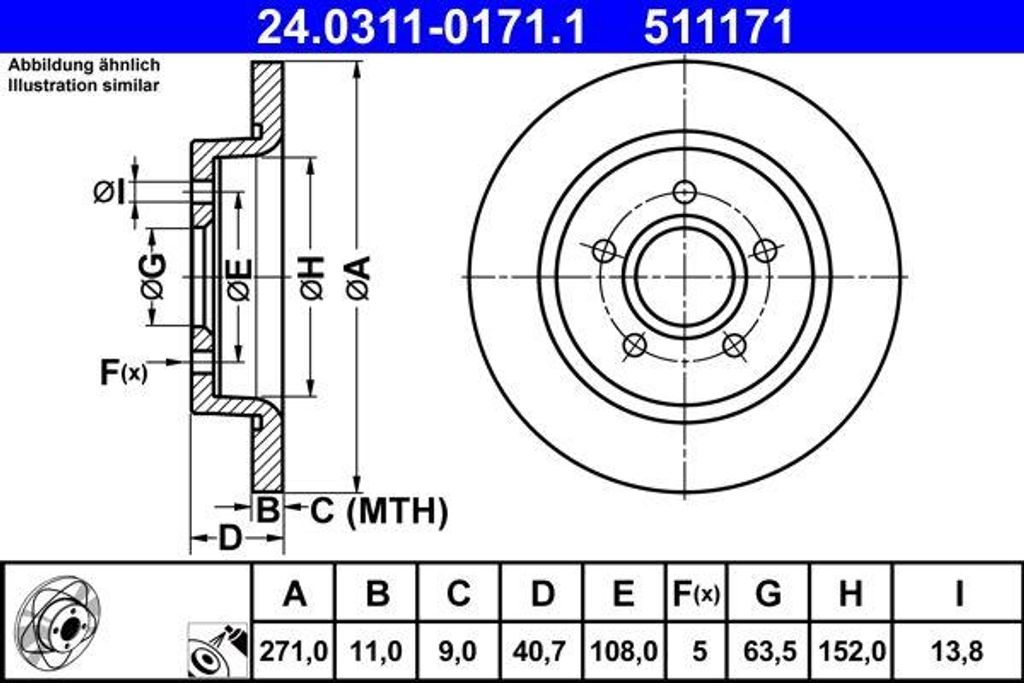 ATE 24.0311-0171.1 Bremsscheibe OE 1704765 kompatibel mit Focus