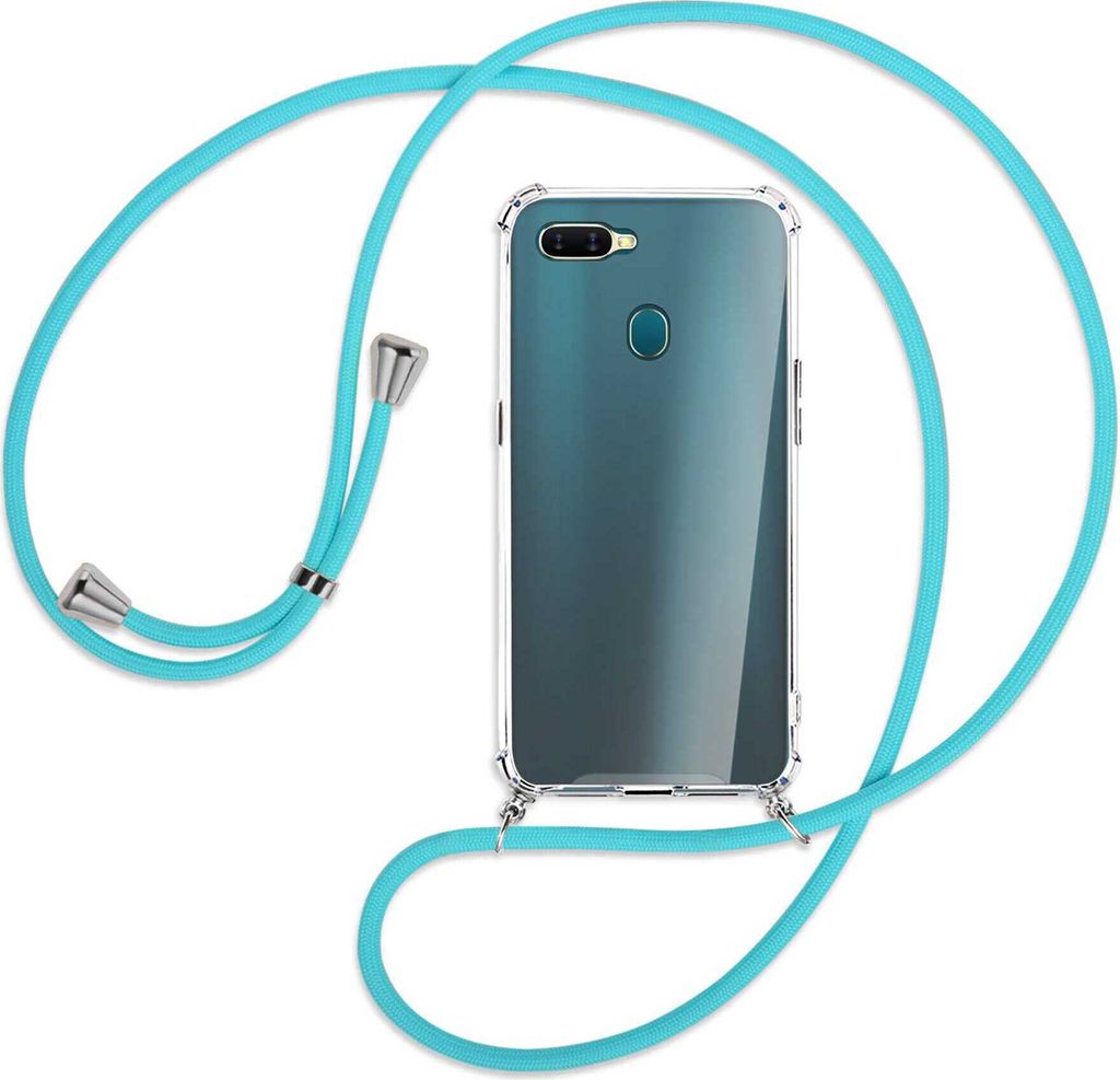 Handykette Backcover-Schutzhülle mit Band (Metall silberfarben) für Oppo A7 / AX7 - türkis