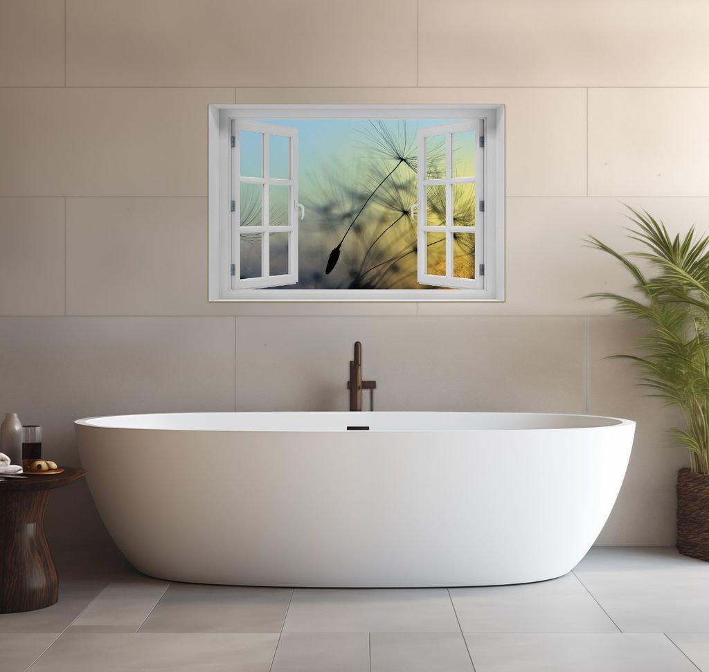 Wallario wasserfestes Poster selbstklebend 91,50 x 61 cm, Samen der Pusteblume in Nahaufnahme vor blauem Himmel, Badezimmerposter Spritzschutz mit ...