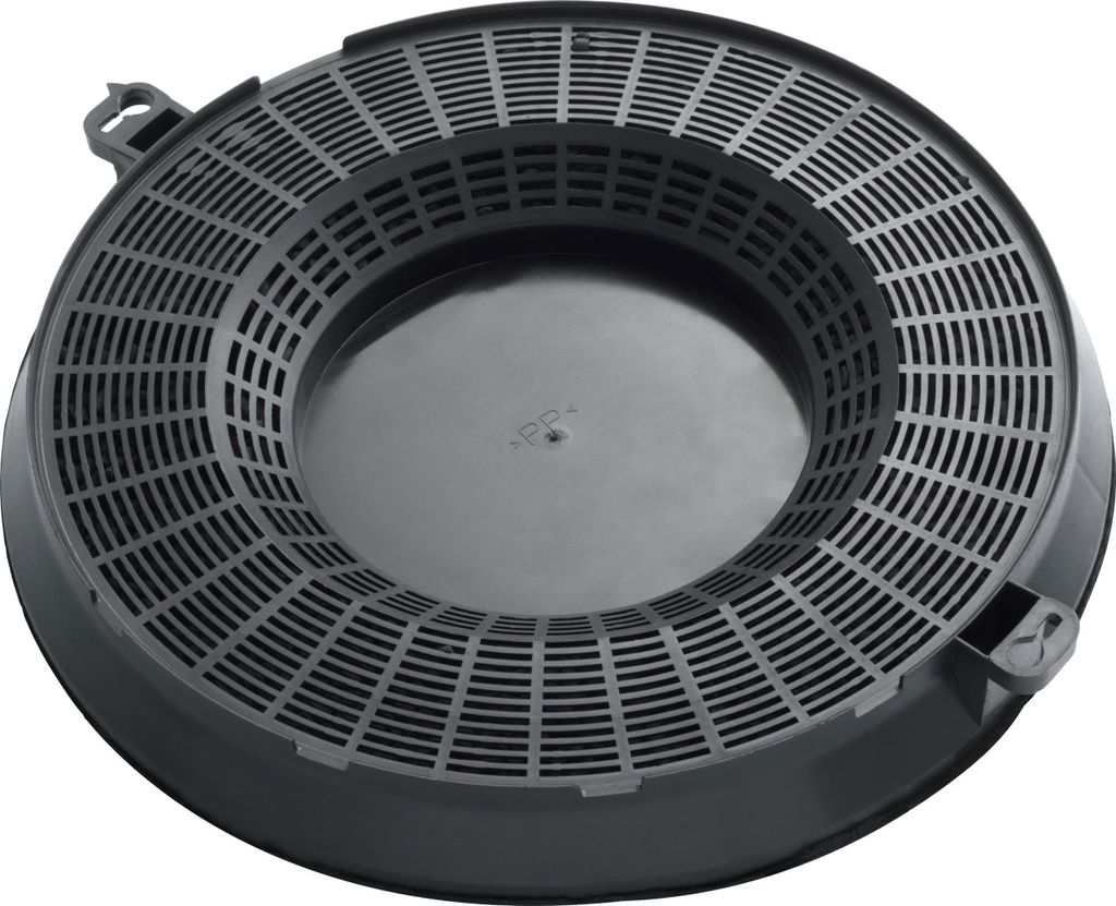 A black circular carbon filter for a kitchen hood.