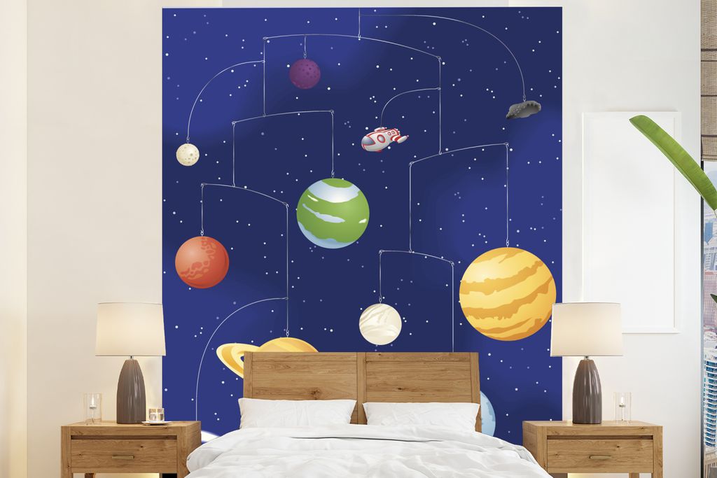 MuchoWow Fototapete für Wohnzimmer oder Schlafzimmer Wandtapete Vinyl Motivtapete Eine Illustration des Sonnensystems als Mobile - 180x220 cm - ...