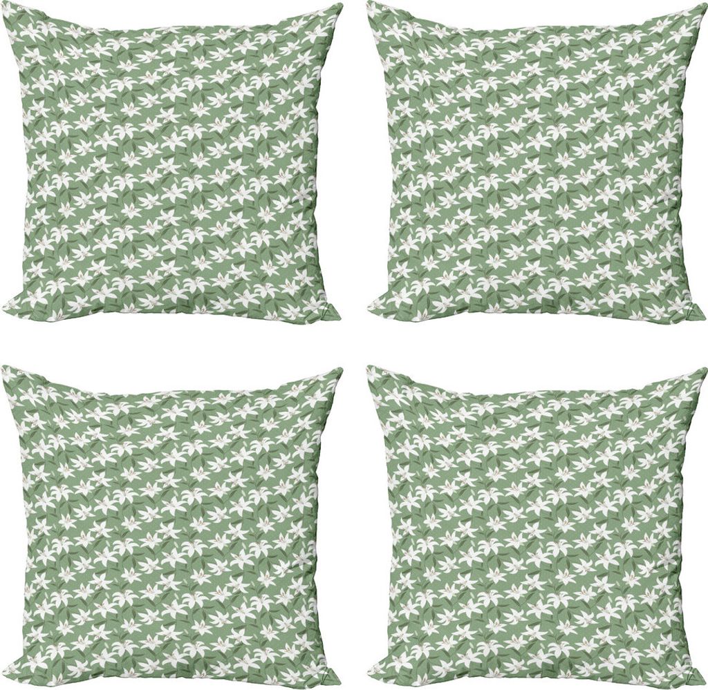 ABAKUHAUS Romantisch Kissenbezug Set (4 Stück), Lilly Bouquet Design, Moderner Doppelseitiger Digitaldruck, 50 cm x 50 cm, Pistachio Grün Weiß